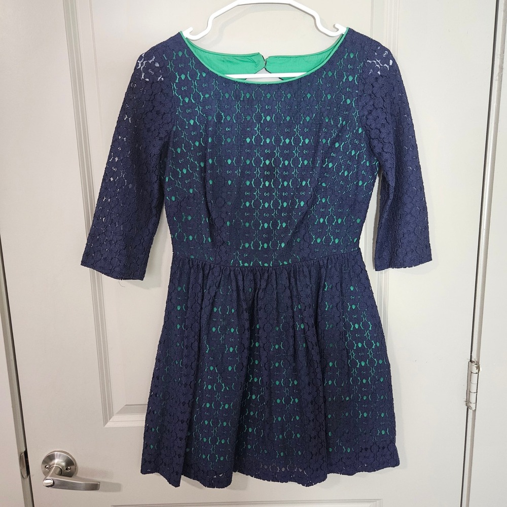 Lilly Pulitzer Navy Blue Green Lace Cutout Back Dress Womens Size 2